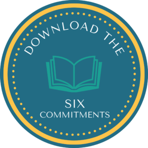 Round blue button says, "Download the Six Commitments" and links to the downloadable with the same name on The Six Shifts website: thesixshifts.com.