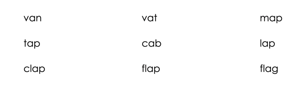 CVC words containing the short a sound: van, vat, map, tap, cab, lap clap, flap and flag.