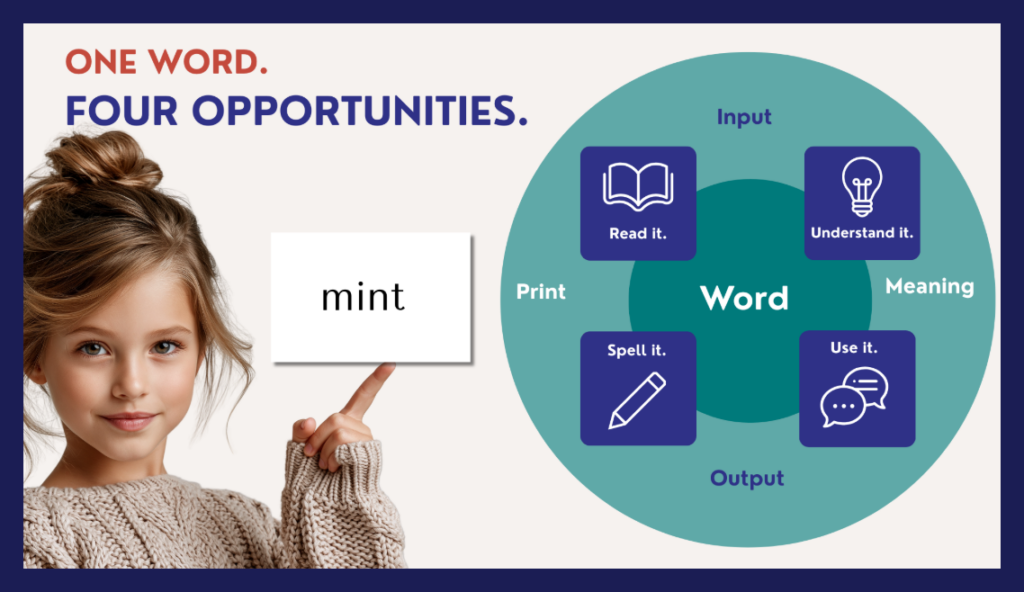 One word, four opportunities: read it, spell it, understand it, use it